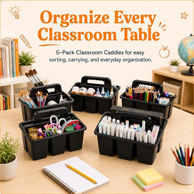 Classroom Caddy with Safe Handle, 6 Pack Plastic Organizer with 4 Compartments, Teacher & Kids Supply Caddy for Crayons, Markers, Desk, Cleaning & Bathroom Storage (Black)
