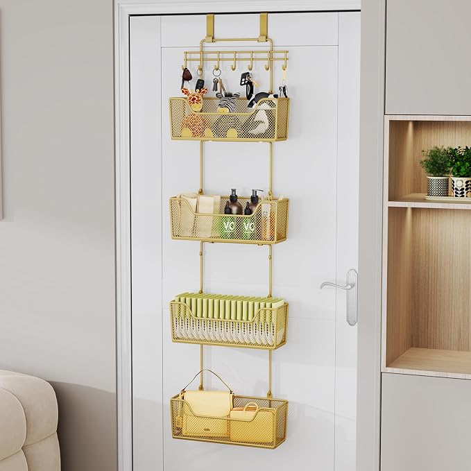HapiRm Over The Door Organizer - Hanging Door Organizer with 4 Metal Large Capacity Baskets and Adjustable Coat Hook for Bathroom Bedroom Kitchen Pantry Closet Cabinet