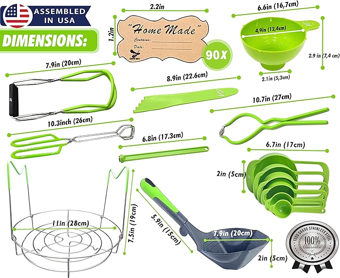 Supa Ant Complete Canning Starter Kit – 10pc Food-Grade Steel Set with XL Ladle, 6 Measuring Cups, Jar Lifter, Wide Mouth Funnel, Canning Rack (7-Jar Capacity) & 90 Labels –Beginner-Friendly, Green
