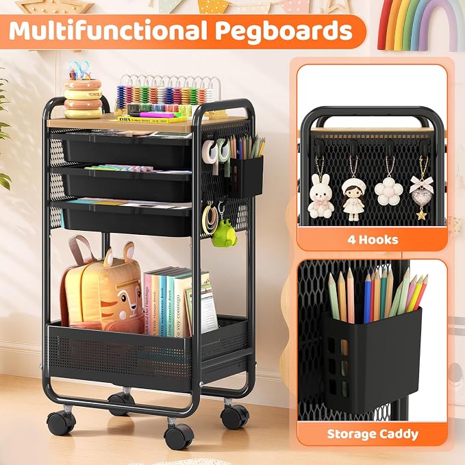 Metal Rolling Storage Cart with 3 Drawers - Utility Cart on Wheels with Pegboard & Wood Tabletop, Multifunctional Trolley Organizer with Hooks & Bin for Living Room,Bedroom,Craft Room,Office,Kids Room