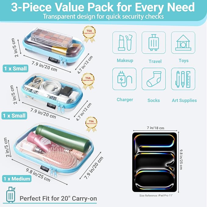 YQBRAO Clear Hard Shell Organizer Cases, 3-Pack, Blue | Rigid 1.2 mm clear PET organizers with multi-size design for travel, cables, and everyday essentials