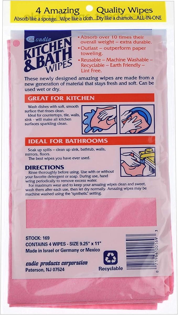Kitchen and Bath Amazing Wipes - Absorbent and Reusable Cloth for Washing,Drying,Wiping in the Bathroom or Cuisine Surfaces | Cleaning Sink, Tiles,Bathtub,Walls, Mirror or Floors | By Cadie (1 Pack)