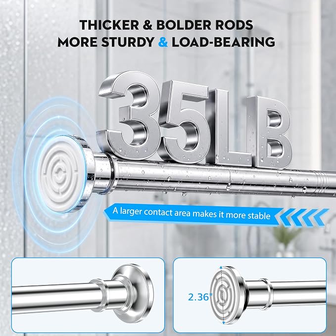 Shower Curtain Rod 30-64 Inch Tension Curtain Rod Shower Rod for Bathroom | No Drill Curtain Rods,Heavy Duty,1.1 Inch Thick Diameter,Spring Adjustable,No Rust,Bathroom,Windows,Silver