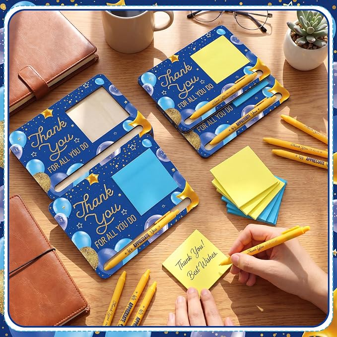 Kosiz 10 Set Back to School Teacher Gifts Blue Gold Wooden Sticky Note Holder with Notes and Ballpoint Pens Inspirational Sticky Notes Sets for Teacher Back to School Thank You Gift