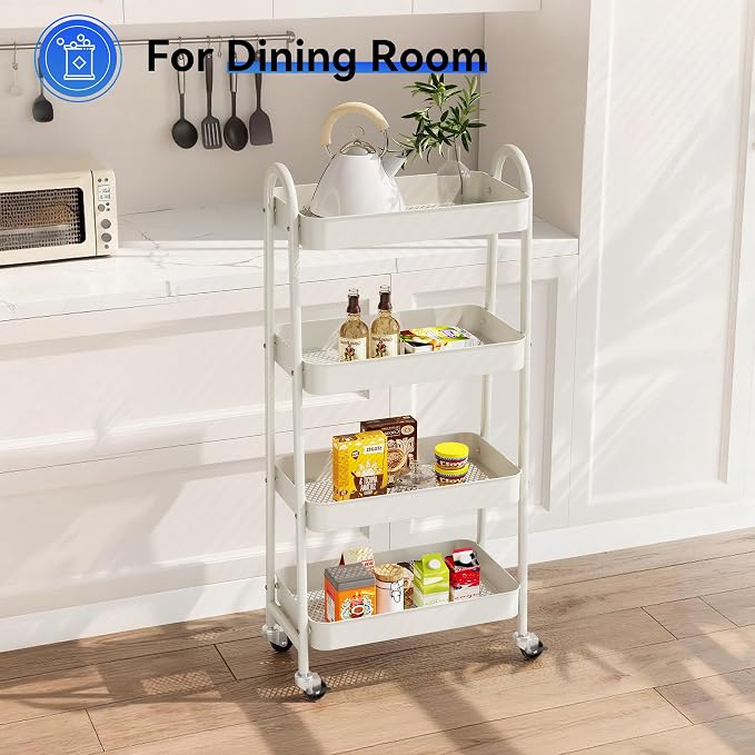 NEWBULIG 4-Tier Metal Rolling Cart with Lockable Wheels, Heavy Duty Mobile Utility Storage Shelf, Roller Book Snack Cart, Organization for Livingroom, Bathroom, Office, White
