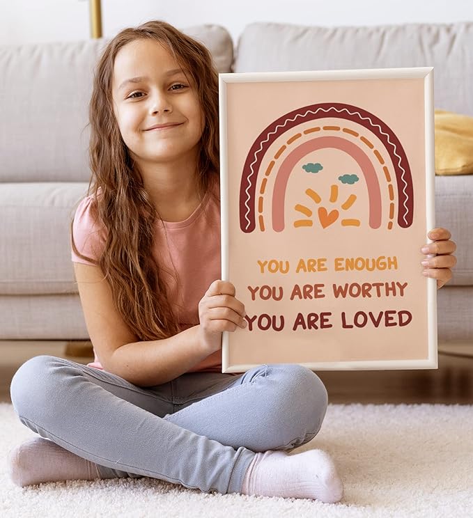 LOLUIS Mental Health Poster, Boho Therapy Tools Educational Supplies Art Print Classroom School Office Decor (Enough Worthy Loved, Custom Frame Type)