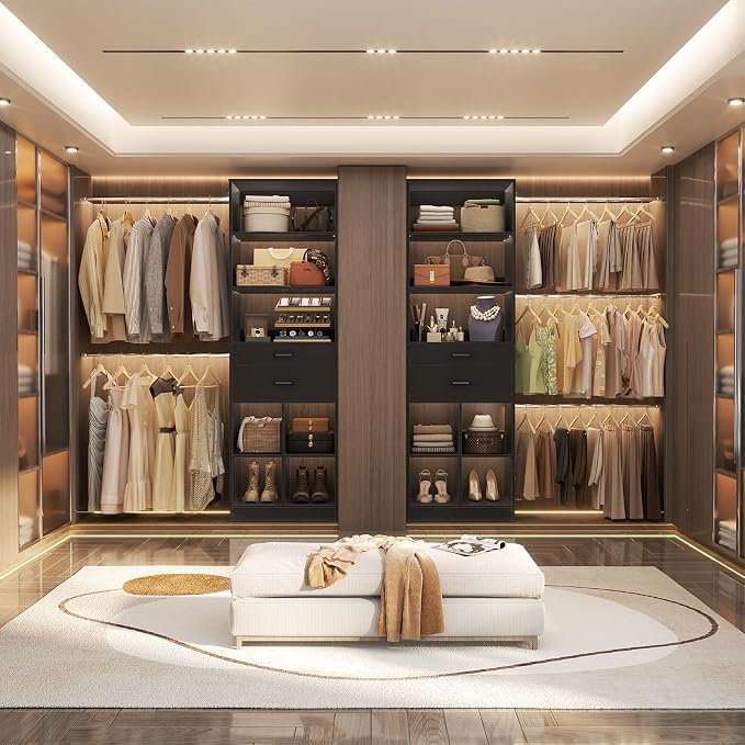 Besiost Closet System, 4-8 FT Closet Organizer Systems with 2 Wooden Drawers and 5 Hanging Rods, Can Fit 60 to 96 inch Walk-in Closet System, Black