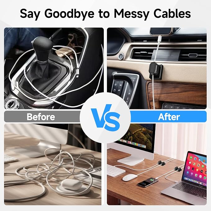3-Pack Magnetic Cable Clips with Detachable Base, Auto Snap Cord Holder for Desk, Self-Adhesive Cable Organizer Compatible with Round and Flat Cables for Home Office Car