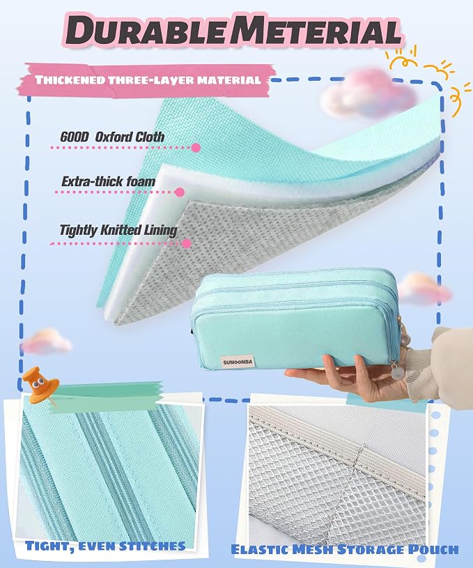 FAHZON Cute Pencil Case, 3 Large Compartments Pencil Pouch, Elastic Pen Slots&Mesh Pockets for Stationery, Pencil Bag for School Supplies with Zipper for Girls Boy Women Teens Adults-Blue