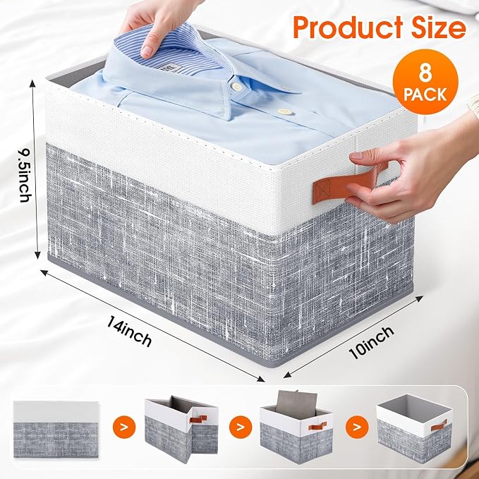 Fab totes Collapsible Storage Baskets for Shelves,14"x10", 8 Pack Foldable Fabric Storage Bins with Double Leather Handles, Large Baskets for Organizing Books, Clothes, White & Grey