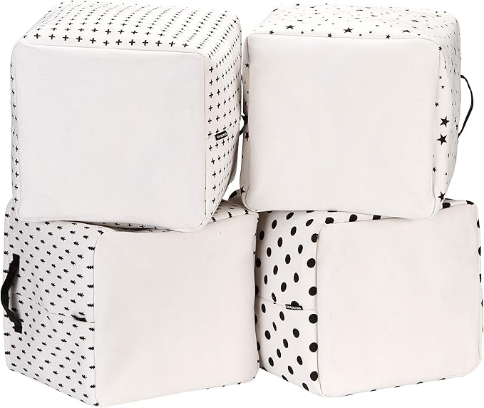 Sea Team Collapsible Canvas Fabric Storage Basket with Handles, Square Storage Box, Cube, Foldable Shelf Basket, Closet, Desk Organizer for Nursery, Home, Office (Black, Set of 4)