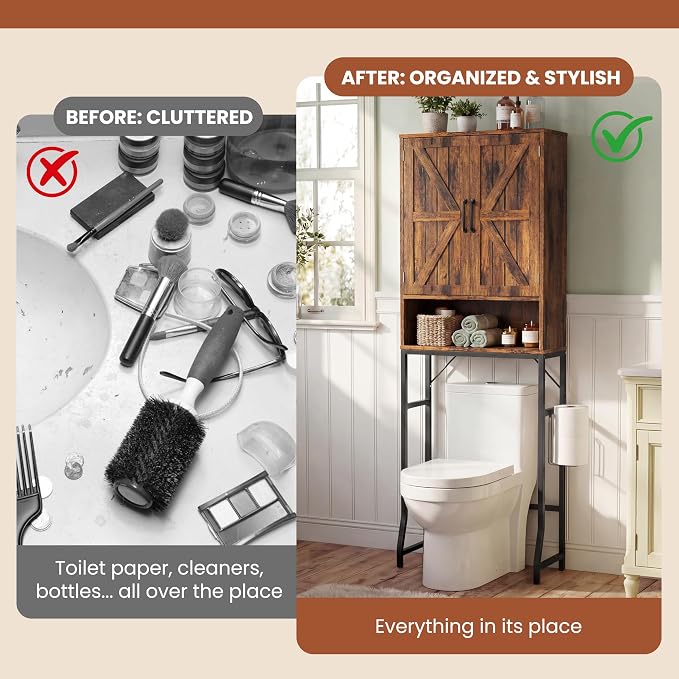 23.6" Over The Toilet Storage Cabinet with Barn Door,Bathroom Organizers and Storage with Adjustable Shelves, Farmhouse Over Toilet Organizer for Bathroom,Restroom,Laundry,Brown