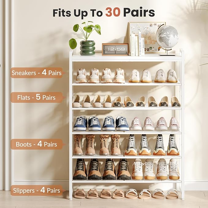 6 Tier Shoe Rack Organizer for 24-30 Pairs, Tall Metal Shoe Storage Shelf with Wood Top, Adjustable Boot Space, Narrow Design for Entryway Closet, White