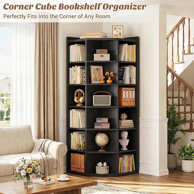Aheaplus Corner Cube Book Shelf, 7-Tier Corner Storage Cabinet with Top Table, Corner Cube Storage Shelf for Small Space, Wooden L Shaped Cubby Bookcase for Home Office, Bedroom, Living Room, Black