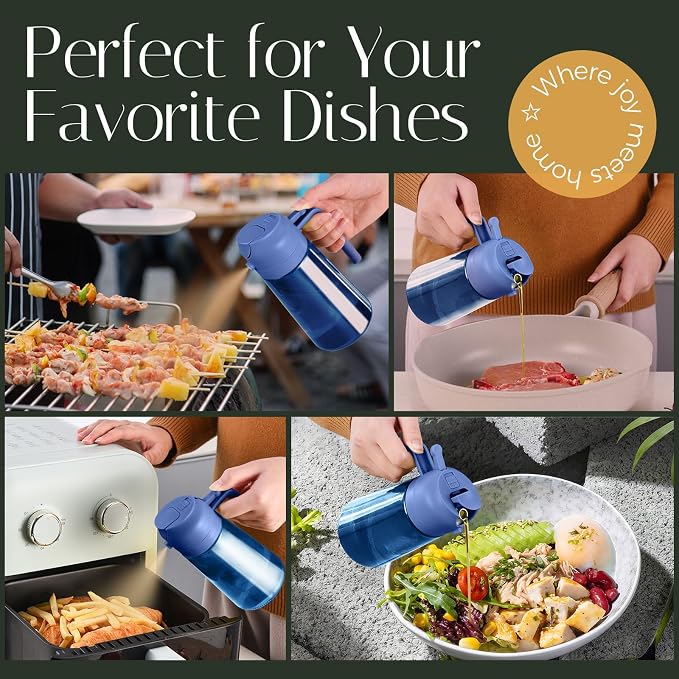 YARRAMATE 16oz/470ml Light-Blocking Dark Oil Sprayer for Cooking, 2 in 1 Olive Oil Dispenser Bottle for Kitchen, Premium Blue Glass Oil Bottle, Food-Grade Oil Mister for Air Fryer, BBQ (Navy)