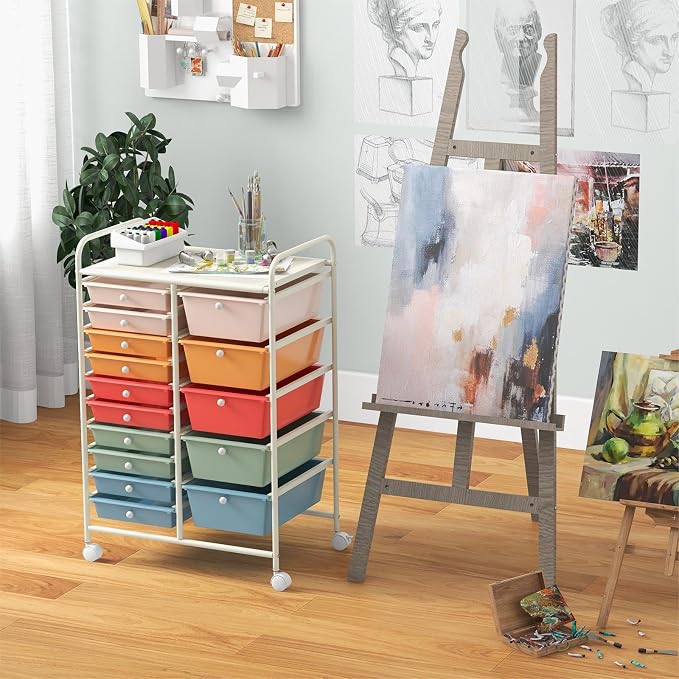 DREAMADE Rolling Cart with 15 Drawers, Rolling Drawer Organizer Cart w/Lockable Wheels, Removable & 2-Sized Storage Drawers, Art Cart for School Home Art Supplies Crafts File Scrapbook