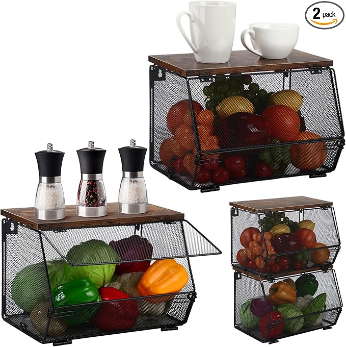 Teenyyou 2 Pcs Stackable Mesh Fruit Basket with Lid Wall Produce Vegetable Storage Basket Onion Potato Hanging Metal Wire Container for Kitchen Counter Pantry(Non-removable,Black,7.1" w & 11.8" l)