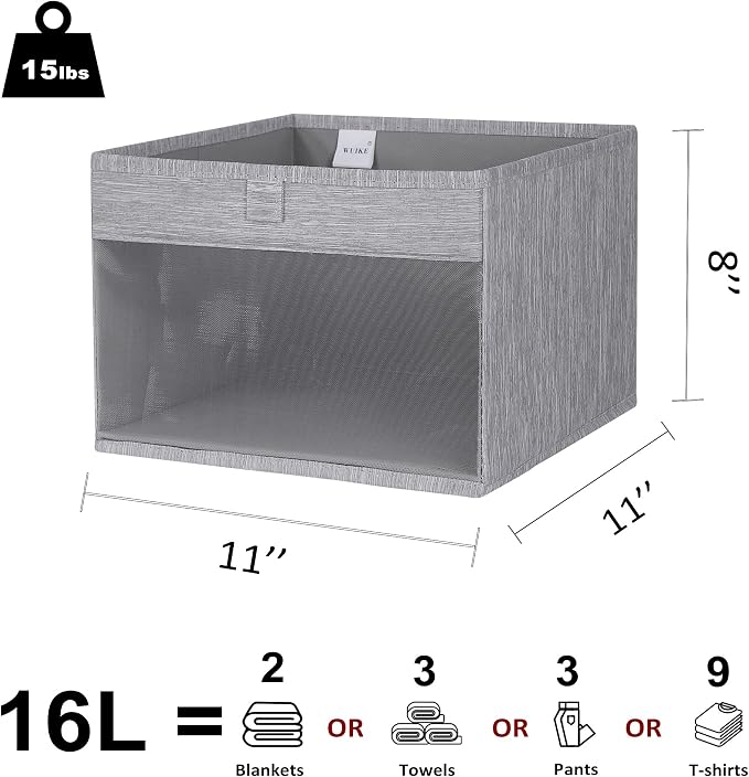 WUIKE Closet Storage Bins with Clear Window, Fabric Organizer Baskets with Handles, Foldable Linen Closet Organizers and Storage for Shelves, Light Gray, 11" L x 11" W x 8" H, 3 Pack