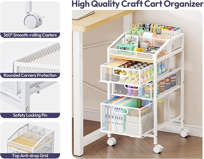 SWTYMIKI Rolling Utility Cart with Drawers - Under Desk Storage Cart with DIY Divider & Lockable Wheels, Multi-Functional Craft Art Supply Organizer for Office, Vanity, Craft Room & Studio White
