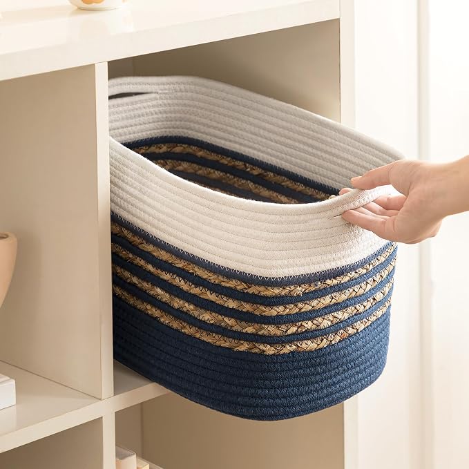 UBBCARE 1 Pack Baskets for Organizing, Woven Storage Baskets for Toys and Towel, Rectangle Cotton Rope Basket with Handles, 14''L x 8''W x9''H, Navy Blue