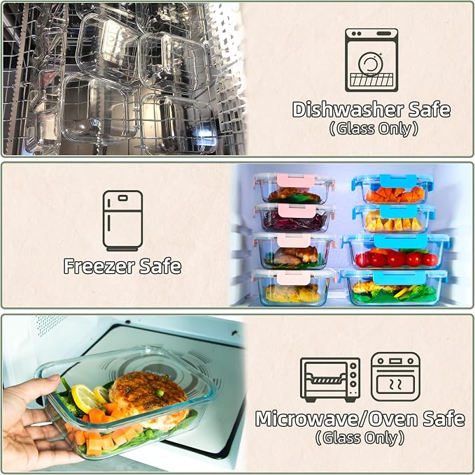 UMEIED 10 PACK Glass Food Storage Containers with Leak Proof Lids, Glass Airtight Meal Prep Containers Set for Lunch, On the Go, Leftover, Kitchen Pantry Organizers and Storage (Multicolor)