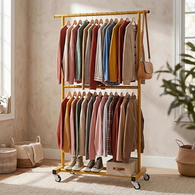 Sywhitta Double Rod Clothing Garment Rack, Rolling Clothes Organizer on Wheels for Hanging Clothes, Easy to Assemble, Adjustable, Gold