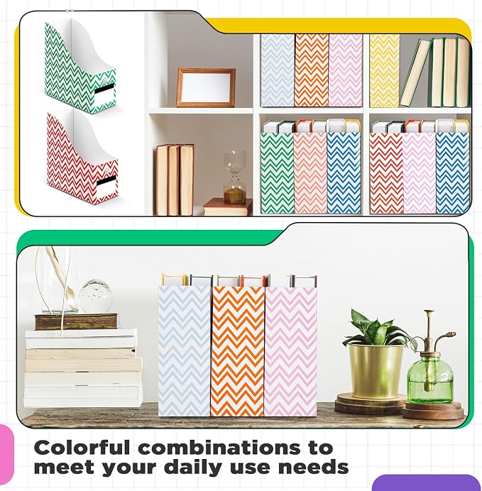 Jutom 32 Pcs Magazine File Holder Set Including Colored Foldable Desk File Holder Organizer White Label Stickers Cat Pen Cardboard Magazine Storage Box for Document School Office(Solid,Striped)