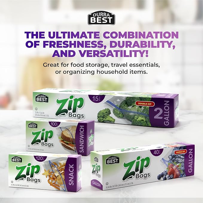 Snack Zip Bags - 120 Count | Resealable, Leak-Proof & Freezer Safe Reusable Bags for Snacks, Fruits, Veggies, Lunch & Small Sandwiches | BPA-Free, Durable Zip Seal | DURRA BEST