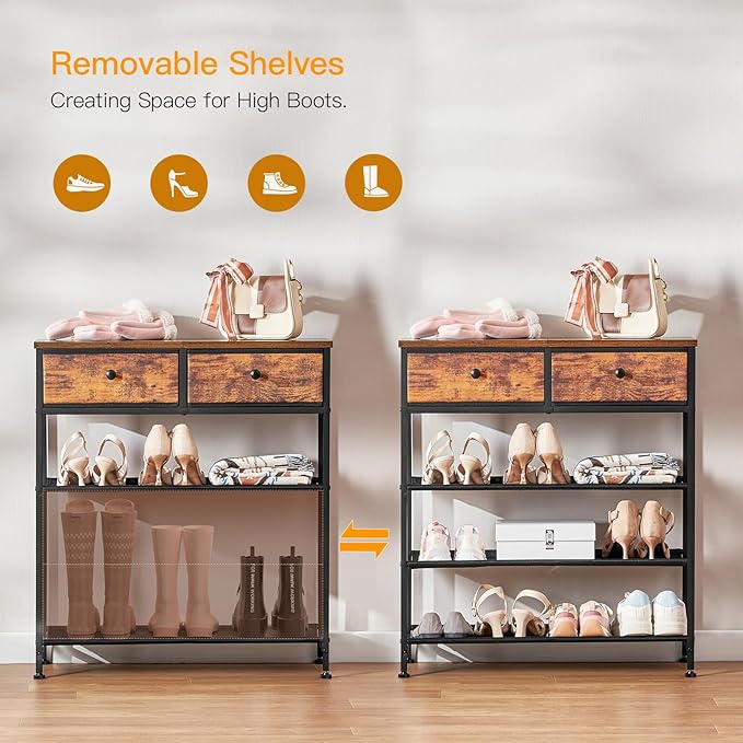 usikey Shoe Rack, 4 Tier Shoe Storage Organizer with 2 Drawers, Metal Shoe Shelf for 9-12 Pairs of Shoes, with 3 Oxford Fabric Shelves and Wooden Top, Shoe Stand for Entryway, Closet, Rustic Brown