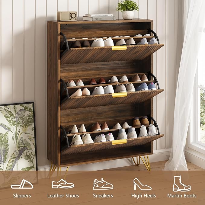 Shoe Storage Cabinet with 3 Flip Drawers, 31.5" W Fluted Shoe Cabinet for Entryway, Hidden Shoe Cabinet Storage, Narrow Free Standing Shoe Orgnaizer Rack Cabinet for Foyer Hallway, Natural