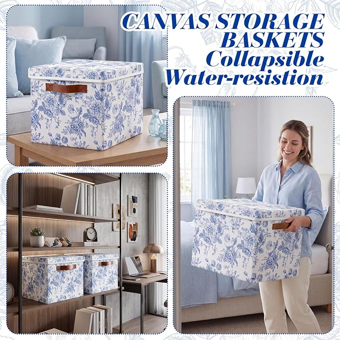 Domensi 2 Pack Large Fabric Storage Bins with Lids, 14x10x9.5 Inch Blue Floral Decorative Closet Organizer with Leather Handle Stackable Folding Clothing Storage Boxes for Bedroom Shelves(Lidded)