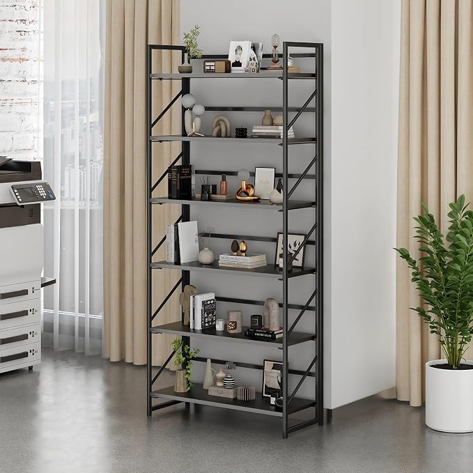 JSB 6 Tier No Assembly Folding Bookshelf, 30.7" Wide Foldable Storage Bookcase for Home Office, Space-Saving Storage Shelf for Living Room (Black)
