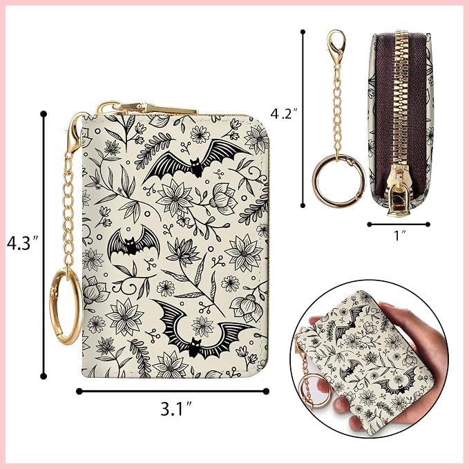 Blusabaca Goth Bat RFID Credit Card Holder, Small Women Travel Wallet | Vintage, Removable Keychain, Case Zipper, PU Leather, Cash Coin Pocket, Business Accordion Purse, Ladies Female Gift