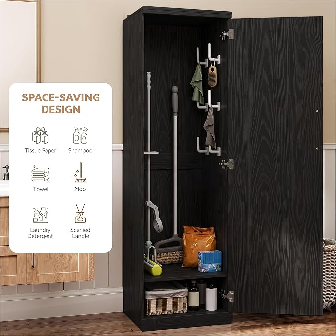 Broom Closet Storage Cabinet, 65" H Slim Utility Closet with Door and Shelf, Tall Vacuum Storage Cabinet with Hooks for Cleaning Tool, Broom Closet Organizer for Bathroom, Garage, Black