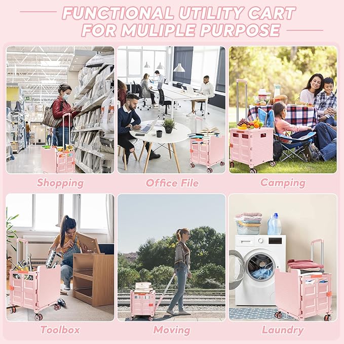 SELORSS Foldable Utility Cart Rolling Crate Handcart Shopping Cart with Rotate Wheels Extended Magnetic Lid Telescoping Handle Adjustable Angle for Transports Groceries Office Teacher File(Pink)