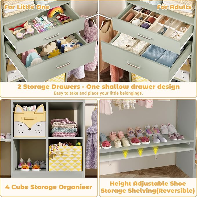 Besiost Closet System - 8FT Closet Organizer System with Wooden Drawers, 96" Closet Systems for Walk-In Closets with Cuttable Hanging Shelving, Green