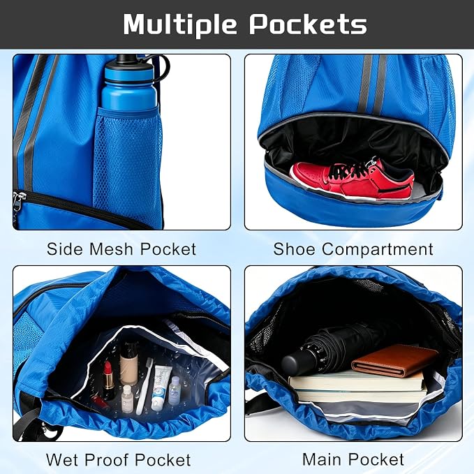 Blue Sports Drawstring Backpack with Shoes Compartment, String Gym Bag with Wet Proof Pocket for Basketball, Soccer, Swim, Sport Bag for Men and Women
