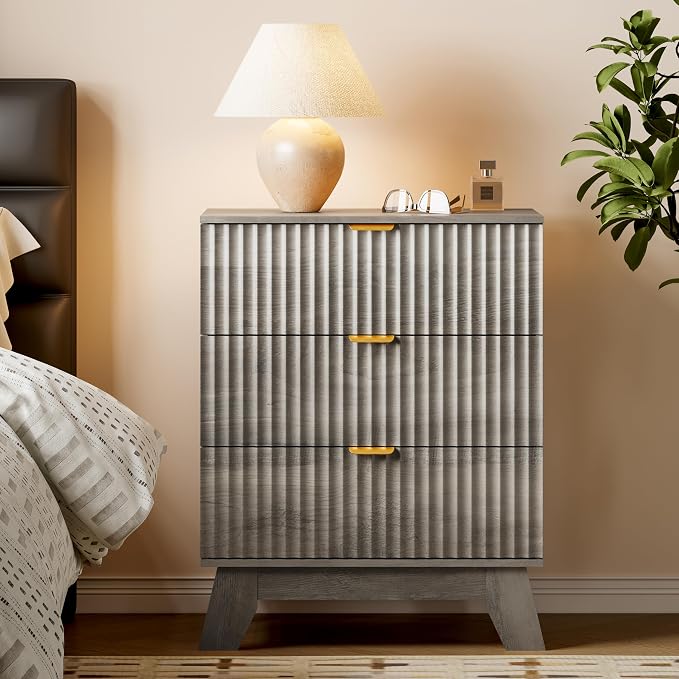 BORNOON Fluted 3 Drawer Dresser, 30.3" Tall Compact Modern Boho Chest of Drawers, Wooden Storage Cabinet for Bedroom, Living Room, Entryway, Curved Profile Design