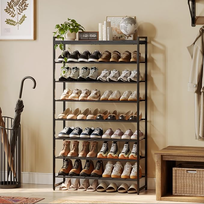 8 Tier Shoe Rack Organizer for 32-40 Pairs, Tall Metal Shoe Storage Shelf with Wood Top, Adjustable Boot Space, Narrow Design for Entryway Closet, Black