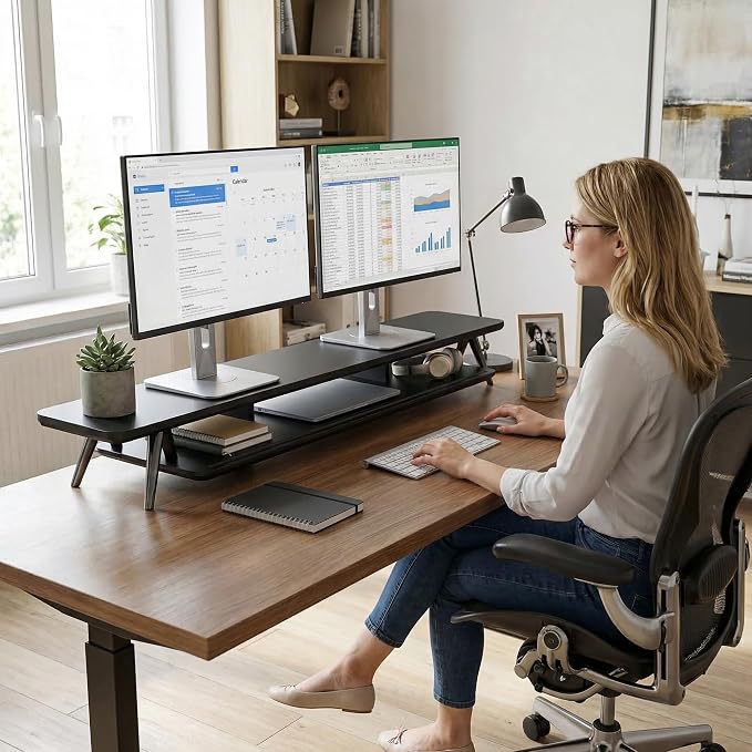 Fenge Dual Monitor Stand, Monitor Stands Riser for 2 monitors, 47.2 Inch Wood Desk Shelf with Storage Organizer and Cable Management for Office Desk Accessories