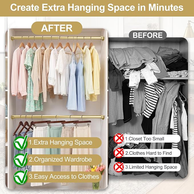 Adjustable Closet Rod for Hanging Clothes, 17-84inch Heavy Duty Metal tension clothes rod，1.3Inches Closet Pole with Hardware Kit for Closet Organization Laundry Room RV, Gold