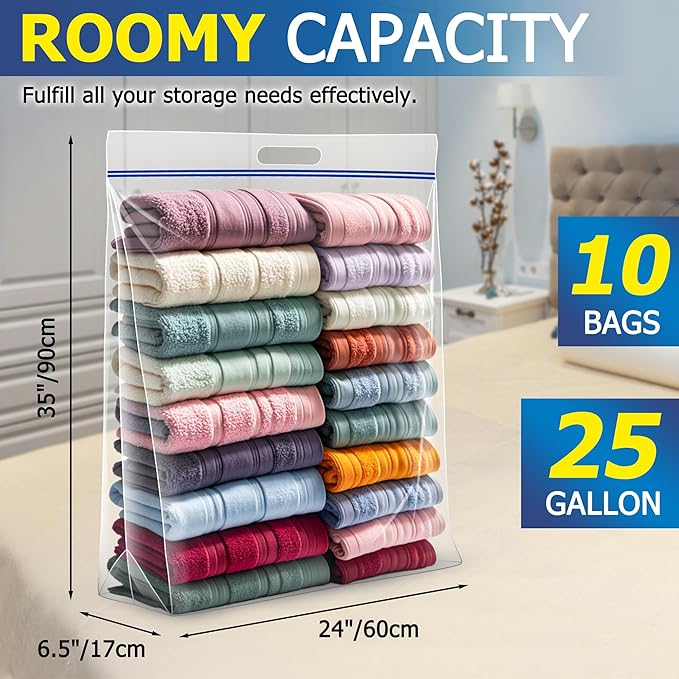 25 Gallon Jumbo Storage Bags, 3.5 Mil Thick Clear Plastic Zipper Bags with Handles, 35" x 24" Extra Large XL Heavy Duty for Home, Travel, and Moving (10 Packs)