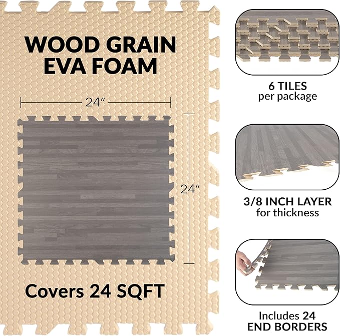 Foam Floor Tiles - 24sqft Wood Grain Interlocking Foam Tiles with Border - Soft Play Mat Playroom or Gym Flooring for Home Gym by Stalwart (Gray)