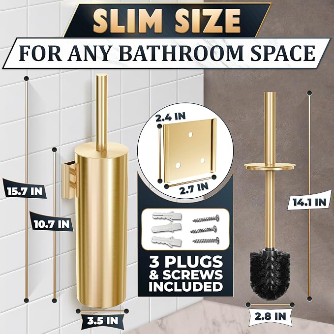 Wall Mounted Toilet Brush and Holder Set, Stainless Steel (Gold) | Wall Mount Toilet Brush Cleaner and Holder Set, Rust & Corrosion Resistant, Splash Guard, Dense Bristles, for Bathroom Decor