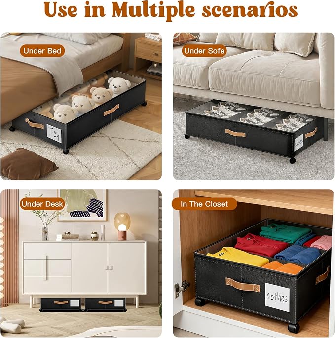 Under Bed Storage with Wheels, Rolling Storage Containers with Clear Lid and Handles for Clothes, Shoes, Blankets, Pillows, Toys, Books, Bags (60L, 30.9 x 16.9 x 6.7in, Black, 1 Pack)