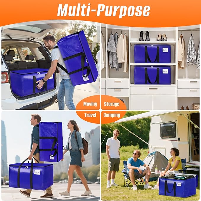 FabSpace 6-Pack Moving Bags with Backpack Straps & Carry Handles, 20 Gallons-76 L Heavy Duty Storage Totes for Space Saving, Foldable Storage Bags for College Dorm, Travel, Camping (Blue)
