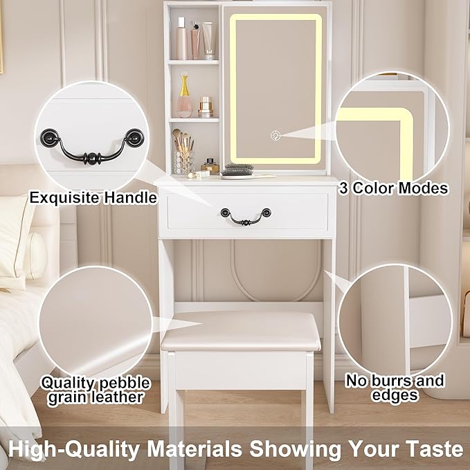 Small Makeup Vanity Desk with Mirror and Lights, Vanity Table Set with Storage Drawer & Open Shelves, 3 Lighting Colors, Adjustable Brightness Mini Makeup Vanity with Stool