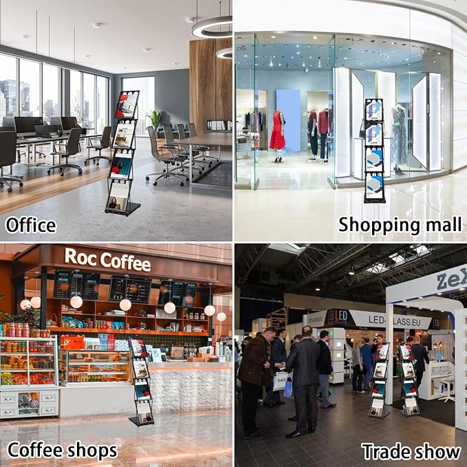 Foldable Brochure Display Stand with Carrying Bag, Literature Stand 4 Tier | Literature Rack for Trade Shows, Exhibitions, Office, and Retail Stores. Metal, Portable, and Easy to Assemble, Black Finish