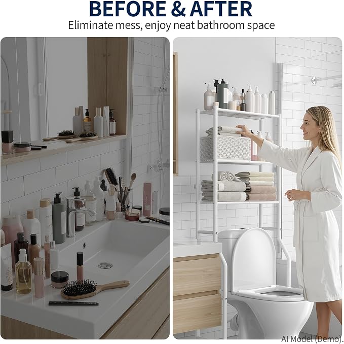 GloTika 3-Tier Over Toilet Storage Rack, Metal Over Toilet Bathroom Organizer Shelf, Freestanding Space Saver Storage Shelves for Bathroom/Laundry/Living Room (White)