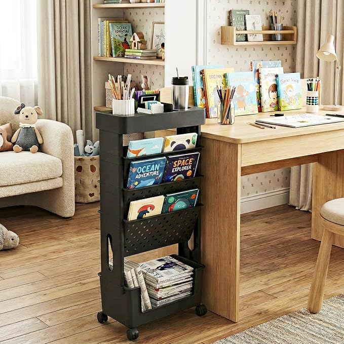 5-Tier Rolling Bookshelf Magazine Rack with Wheels Black | Mobile Bookcase, Book Storage File Folder Organizer Cart for Home Study Office Living Room Classroom
